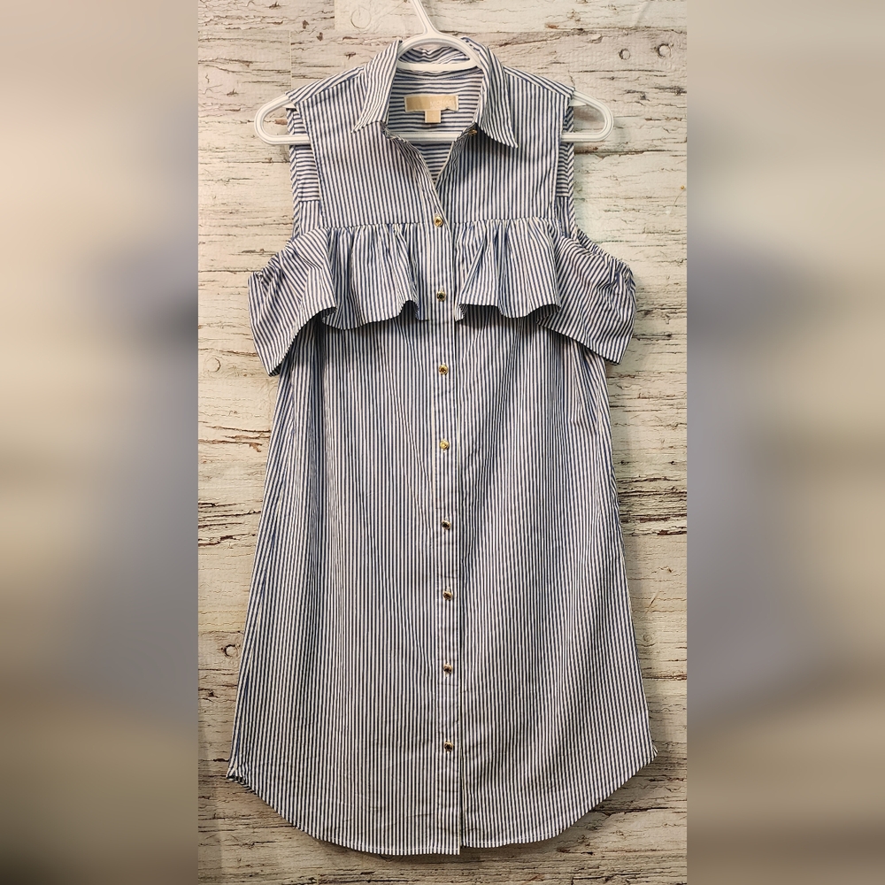 Ladies Michael Kors summer ruffled off shoulder cold shoulder dress blue/white 6